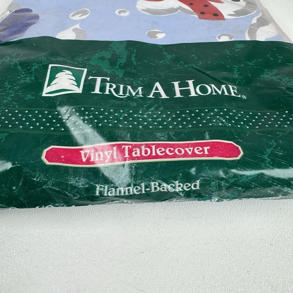 Vtg Trim A Home 70" Round Vinyl Flannel Backed Tablecloth Snowman NOS Christmas - Picture 3 of 6